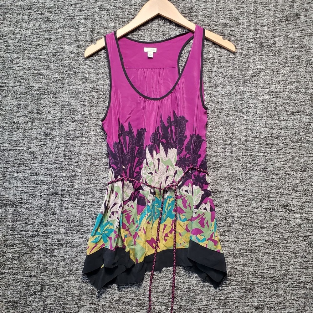 VTG Odille Anthropologie 100% Silk Floral Tank Top Womens 8 Pink Braided Tie Y2K